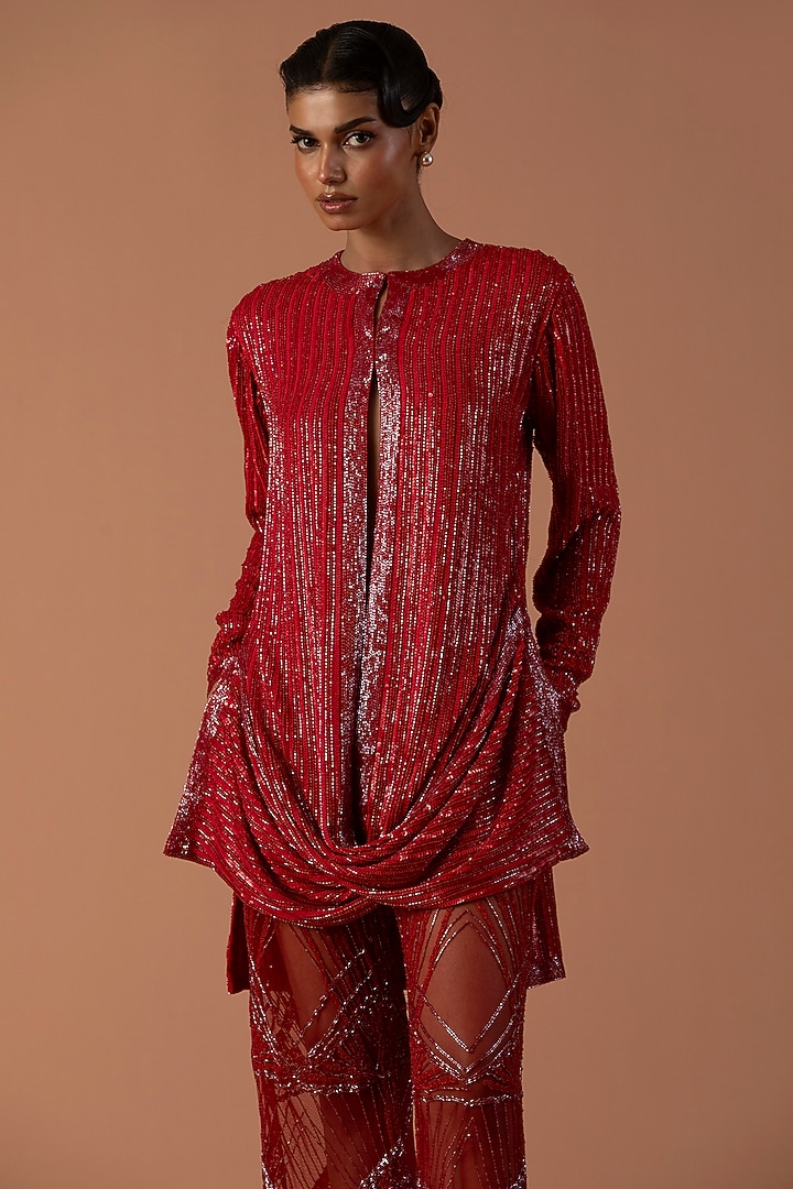 Red Georgette Sequins & Cutdana Embroidery Co-Ord Set  by Esha Sethi Thirani at Pernia's Pop Up Shop