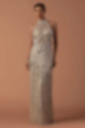 Champagne Jersey & Tulle Floral Embroidered Bridal Gown by Esha Sethi Thirani at Pernia's Pop Up Shop