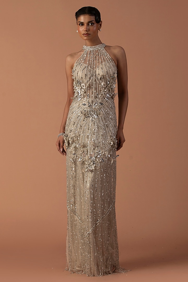 Champagne Jersey & Tulle Floral Embroidered Bridal Gown by Esha Sethi Thirani at Pernia's Pop Up Shop