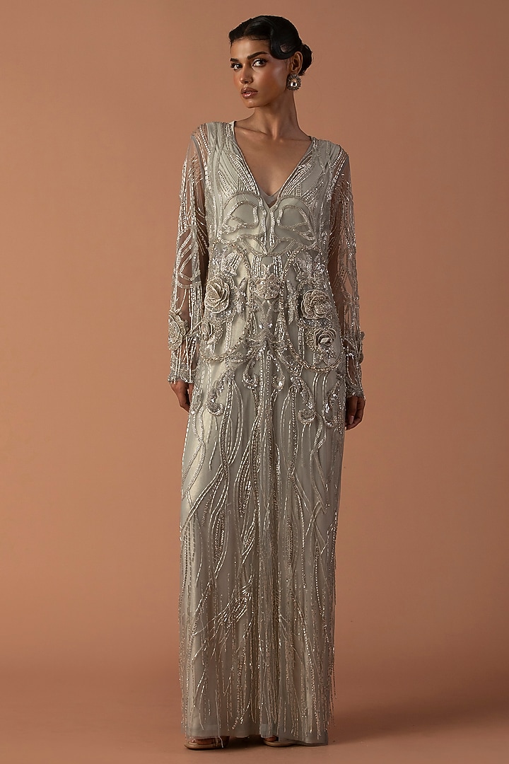 Powder Blue Jersey & Tulle Floral Embroidered Kaftan Wedding Gown by Esha Sethi Thirani at Pernia's Pop Up Shop