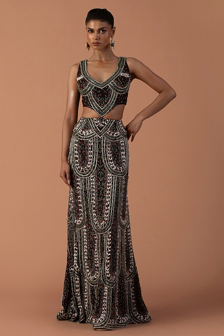 Brown Jersey & Tulle Bead Embroidered Bridal Gown by Esha Sethi Thirani at Pernia's Pop Up Shop