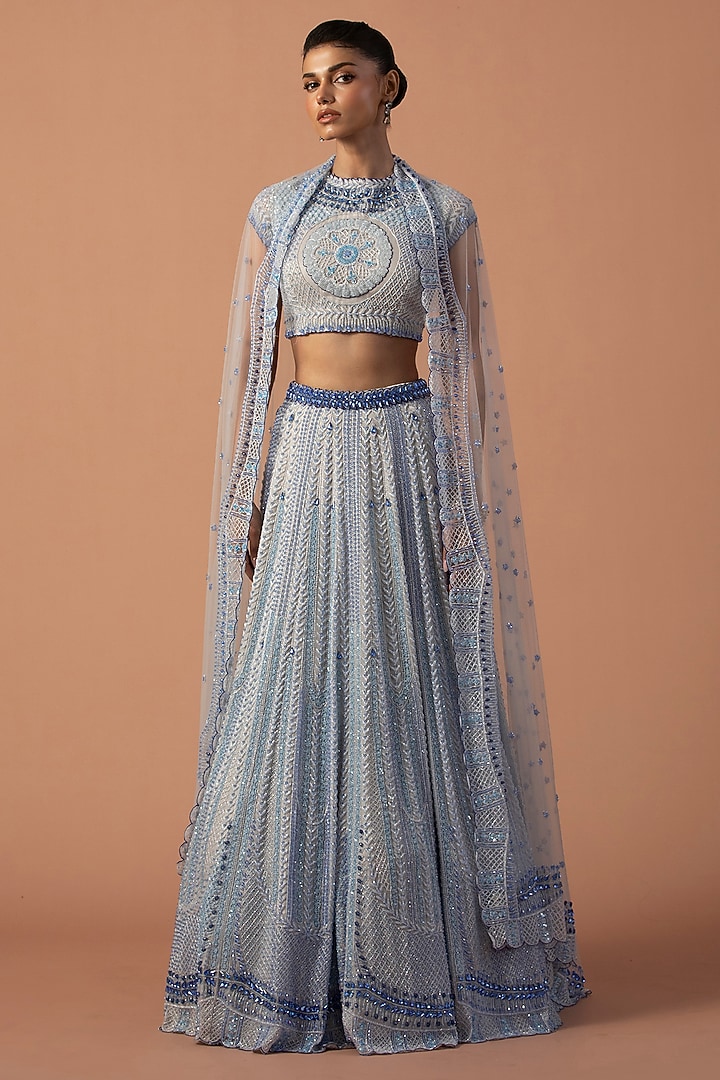 Grey Silk Organza Swarovski Stone Embroidered Bridal Lehenga Set by Esha Sethi Thirani at Pernia's Pop Up Shop