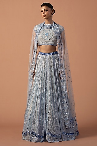 Grey Silk Organza Swarovski Stone Embroidered Lehenga Set by Esha Sethi Thirani