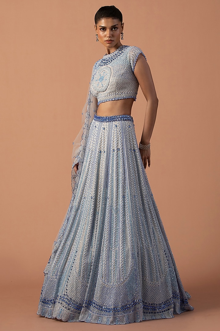 Grey Silk Organza Swarovski Stone Embroidered Bridal Lehenga Set by Esha Sethi Thirani at Pernia's Pop Up Shop