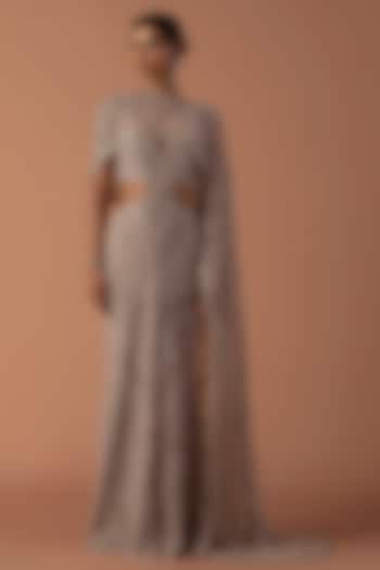 Pale Pink Jersey & Tulle Floral Embroidered Bridal Gown With Cropped Cape by Esha Sethi Thirani at Pernia's Pop Up Shop