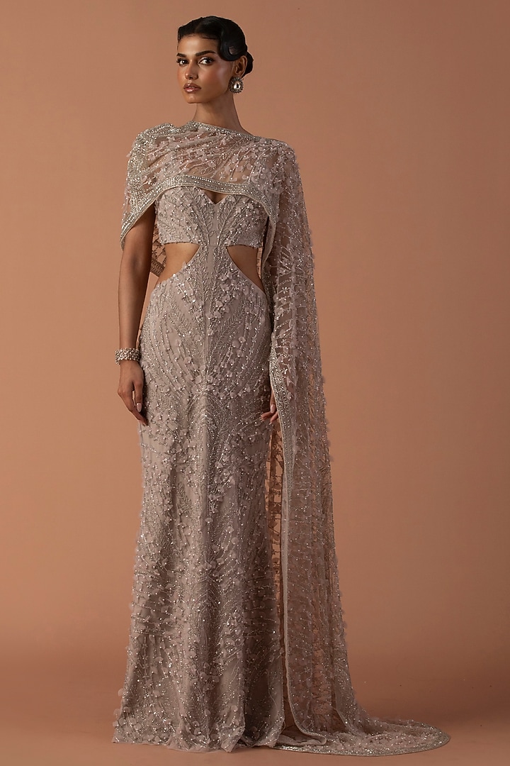 Pale Pink Jersey & Tulle Floral Embroidered Bridal Gown With Cropped Cape by Esha Sethi Thirani at Pernia's Pop Up Shop