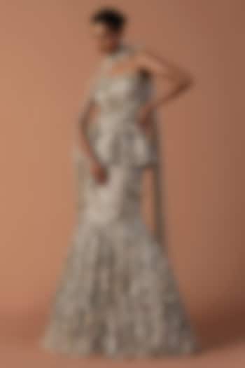 Grey Jersey & Tulle Floral Embroidered Fish Tail Bridal Lehenga Set by Esha Sethi Thirani at Pernia's Pop Up Shop