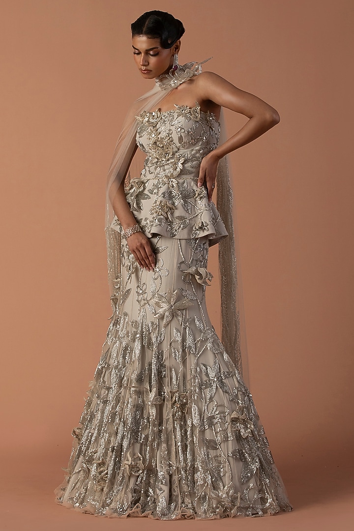 Grey Jersey & Tulle Floral Embroidered Fish Tail Bridal Lehenga Set by Esha Sethi Thirani at Pernia's Pop Up Shop