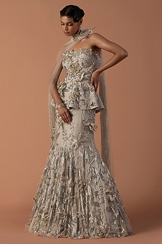 Grey Jersey & Tulle Floral Embroidered Fish Tail Lehenga Set by Esha Sethi Thirani