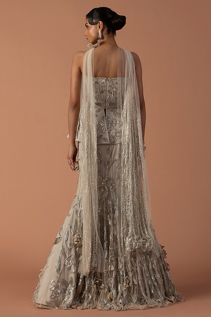 Grey Jersey & Tulle Floral Embroidered Fish Tail Bridal Lehenga Set by Esha Sethi Thirani at Pernia's Pop Up Shop