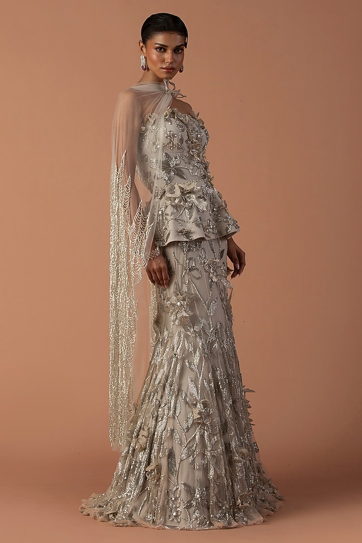 Grey Jersey & Tulle Floral Embroidered Fish Tail Bridal Lehenga Set by Esha Sethi Thirani at Pernia's Pop Up Shop