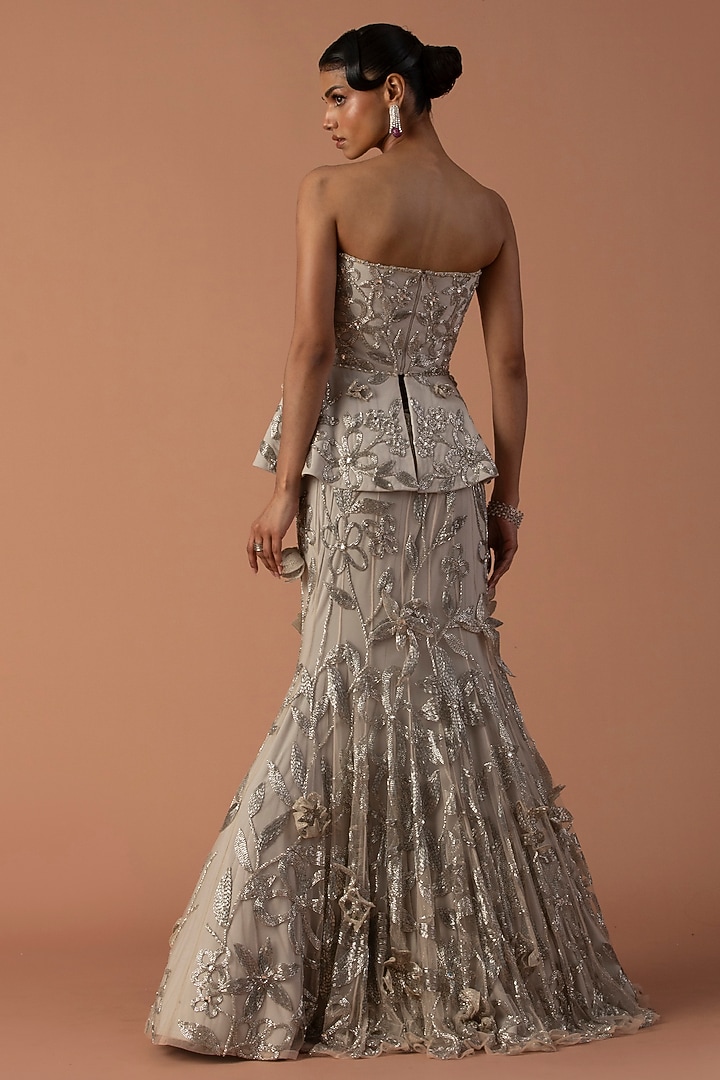 Grey Jersey & Tulle Floral Embroidered Fish Tail Bridal Lehenga Set by Esha Sethi Thirani at Pernia's Pop Up Shop