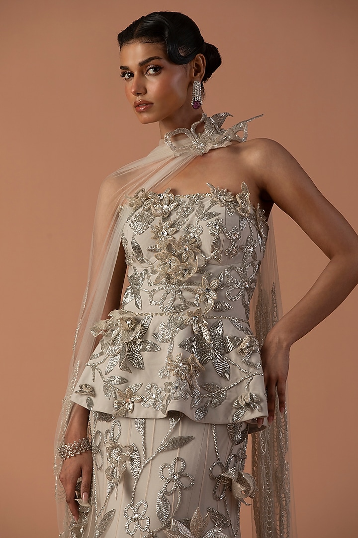 Grey Jersey & Tulle Floral Embroidered Fish Tail Bridal Lehenga Set by Esha Sethi Thirani at Pernia's Pop Up Shop