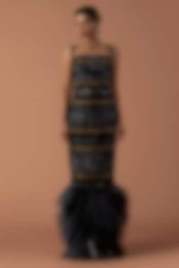 Black Jersey Bugle Beads & Leather Tassel Embroidered Skirt Set by Esha Sethi Thirani at Pernia's Pop Up Shop