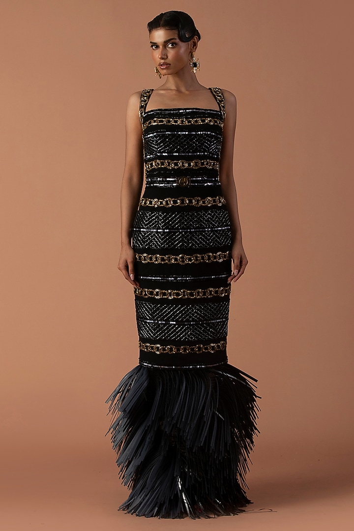 Black Jersey Bugle Beads & Leather Tassel Embroidered Skirt Set by Esha Sethi Thirani at Pernia's Pop Up Shop