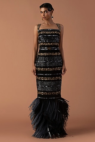 Black Jersey Bugle Beads & Leather Tassel Embroidered Skirt Set by Esha Sethi Thirani