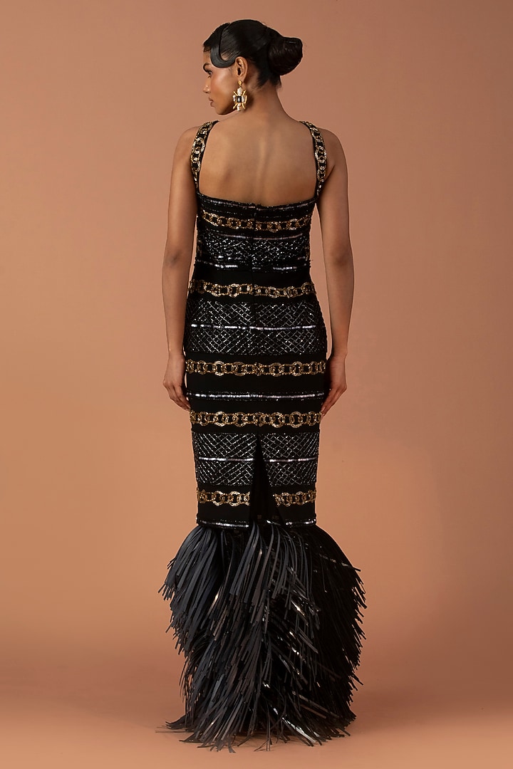 Black Jersey Bugle Beads & Leather Tassel Embroidered Skirt Set by Esha Sethi Thirani at Pernia's Pop Up Shop
