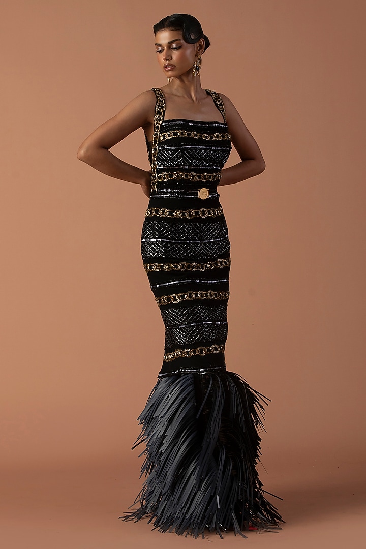 Black Jersey Bugle Beads & Leather Tassel Embroidered Skirt Set by Esha Sethi Thirani at Pernia's Pop Up Shop