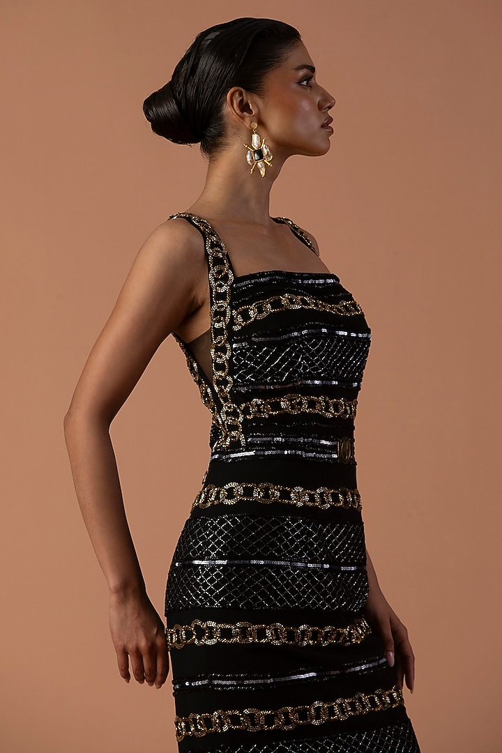 Black Jersey Bugle Beads & Leather Tassel Embroidered Skirt Set by Esha Sethi Thirani at Pernia's Pop Up Shop