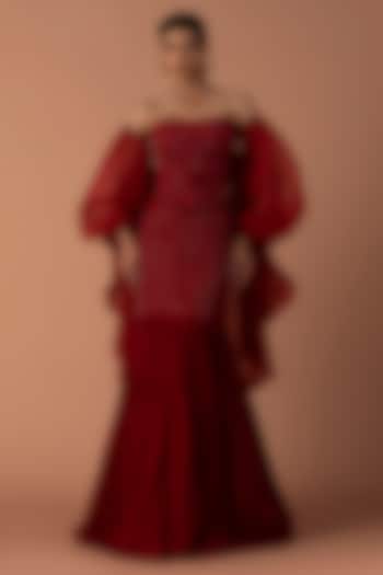 Red Georgette Beads & Cutdana Embroidered Fish-Tail Skirt Set by Esha Sethi Thirani at Pernia's Pop Up Shop