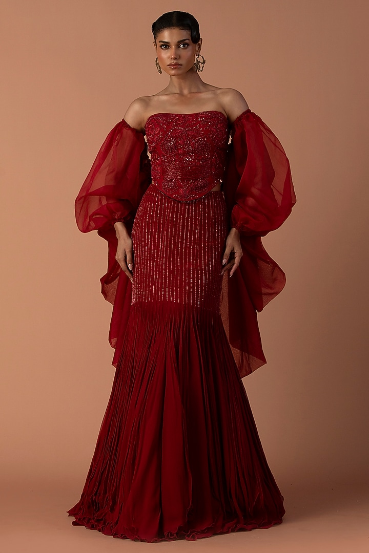 Red Georgette Beads & Cutdana Embroidered Fish-Tail Skirt Set by Esha Sethi Thirani at Pernia's Pop Up Shop