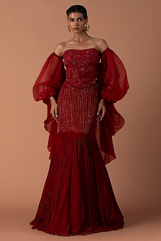 Red Georgette Beads & Cutdana Embroidered Fish-Tail Skirt Set by Esha Sethi Thirani