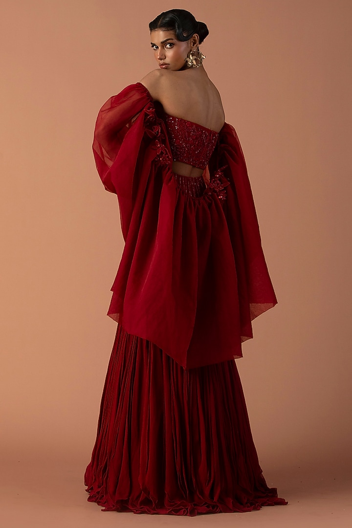 Red Georgette Beads & Cutdana Embroidered Fish-Tail Skirt Set by Esha Sethi Thirani at Pernia's Pop Up Shop