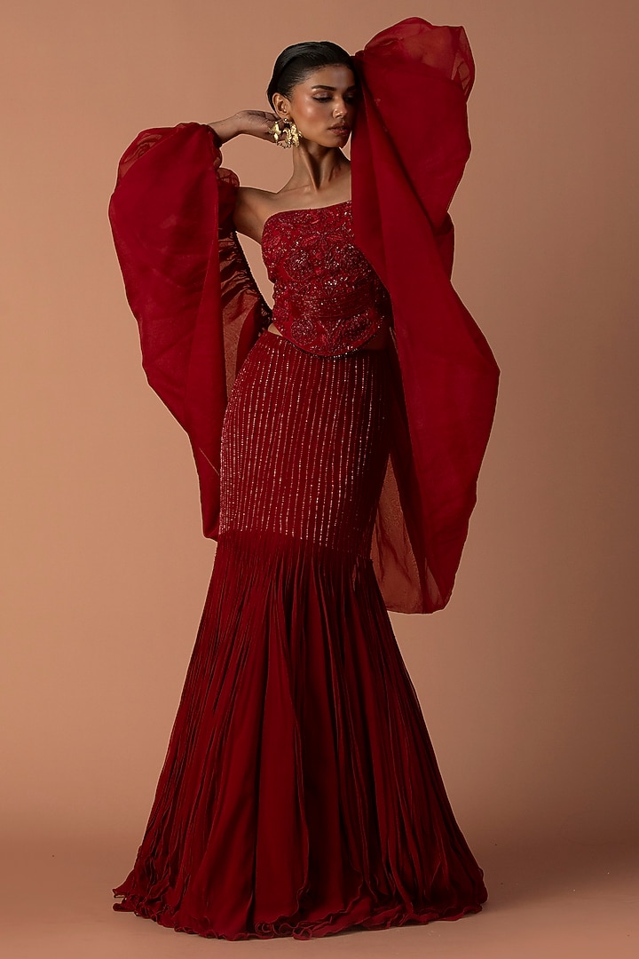 Red Georgette Beads & Cutdana Embroidered Fish-Tail Skirt Set by Esha Sethi Thirani at Pernia's Pop Up Shop