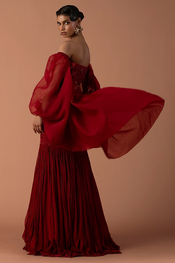 Red Georgette Beads & Cutdana Embroidered Fish-Tail Skirt Set by Esha Sethi Thirani at Pernia's Pop Up Shop