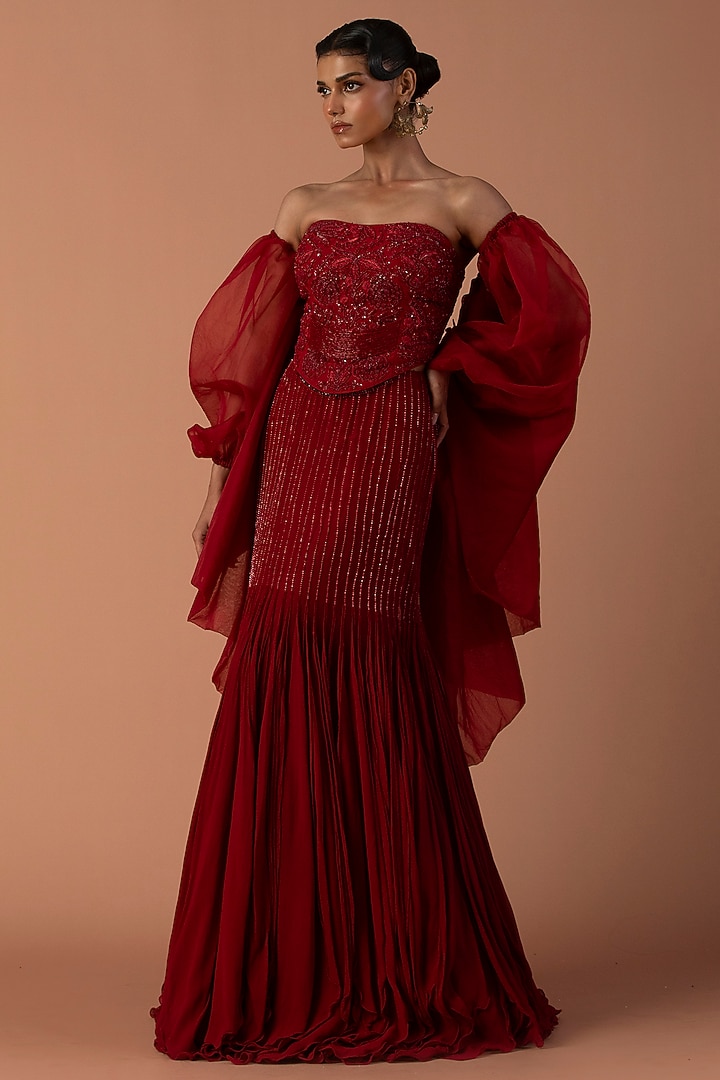 Red Georgette Beads & Cutdana Embroidered Fish-Tail Skirt Set by Esha Sethi Thirani at Pernia's Pop Up Shop