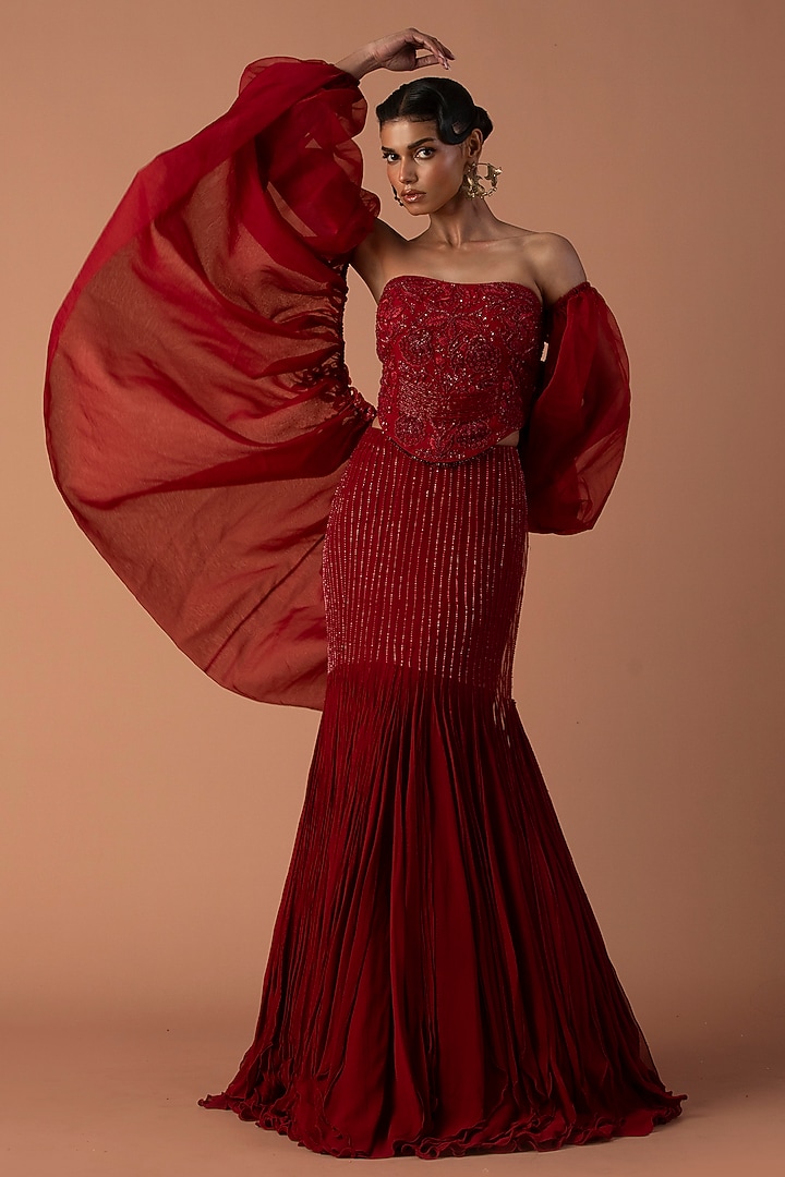 Red Georgette Beads & Cutdana Embroidered Fish-Tail Skirt Set by Esha Sethi Thirani at Pernia's Pop Up Shop