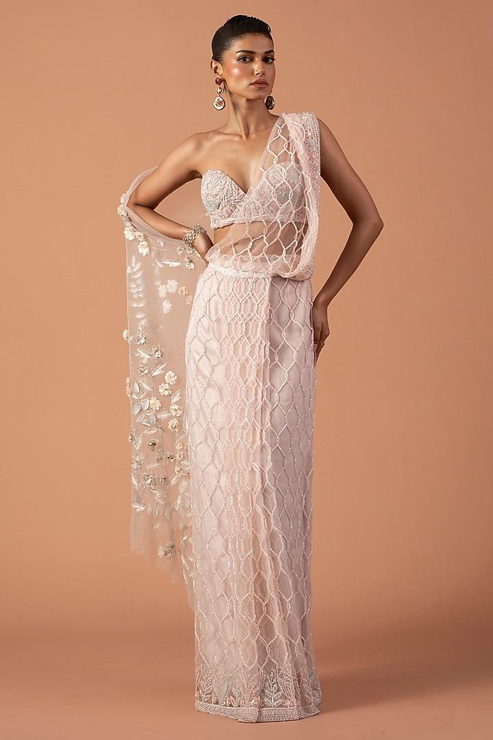 Rose Pink Organza Floral Embroidered Pre-Stitched Draped Bridal Saree Set by Esha Sethi Thirani at Pernia's Pop Up Shop