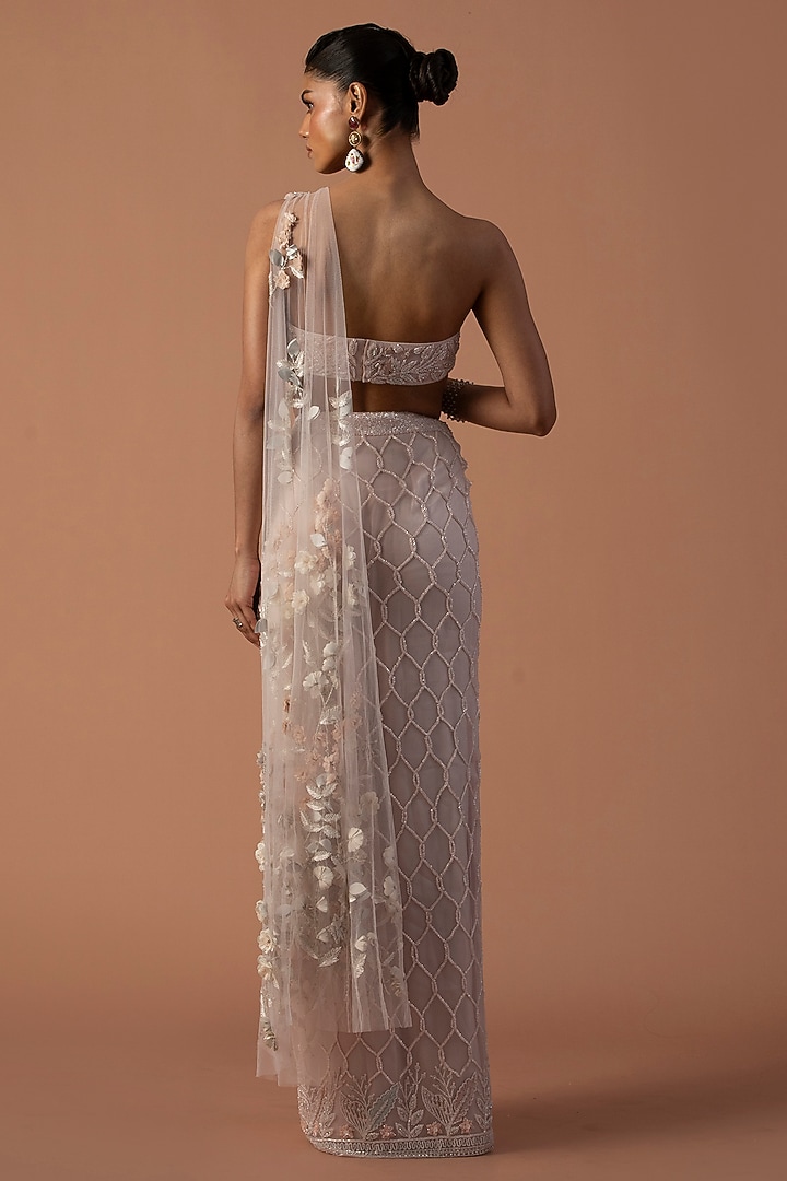 Rose Pink Organza Floral Embroidered Pre-Stitched Draped Bridal Saree Set by Esha Sethi Thirani at Pernia's Pop Up Shop