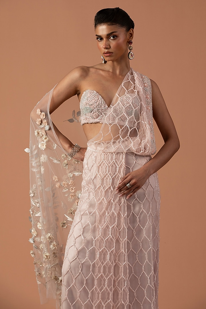 Rose Pink Organza Floral Embroidered Pre-Stitched Draped Bridal Saree Set by Esha Sethi Thirani at Pernia's Pop Up Shop