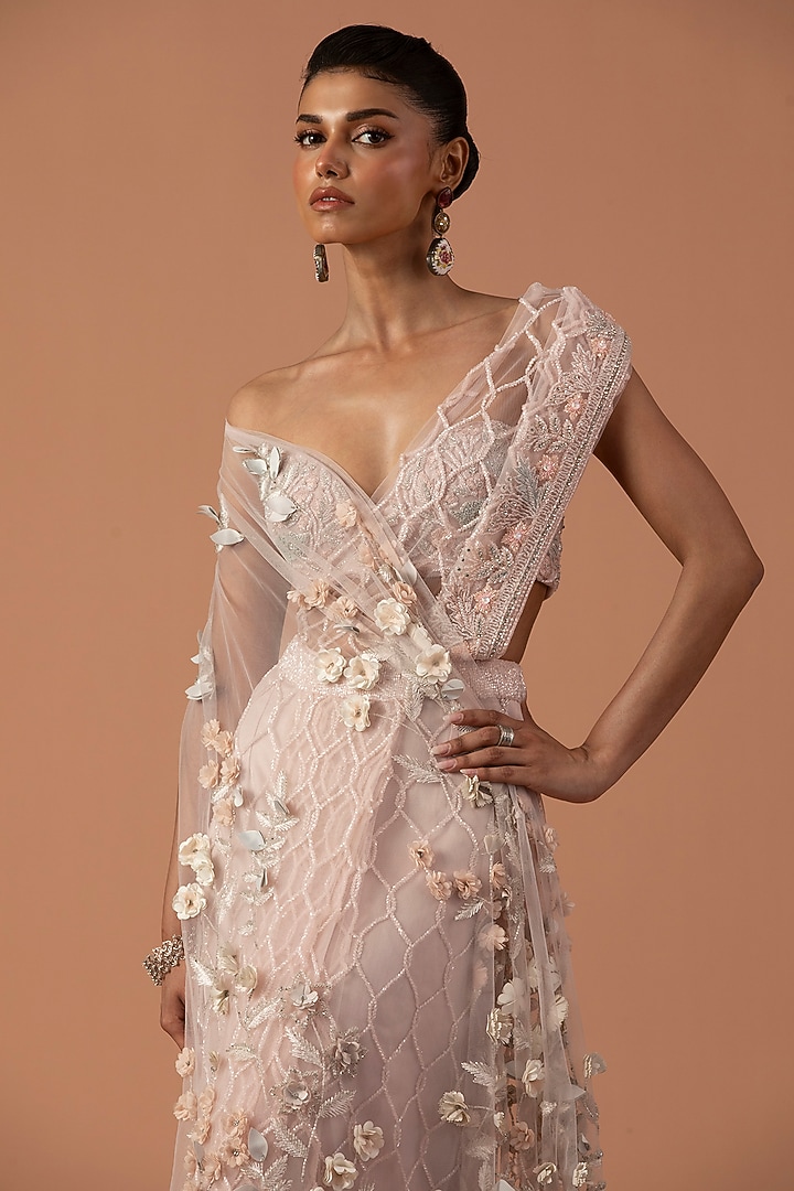 Rose Pink Organza Floral Embroidered Pre-Stitched Draped Bridal Saree Set by Esha Sethi Thirani at Pernia's Pop Up Shop