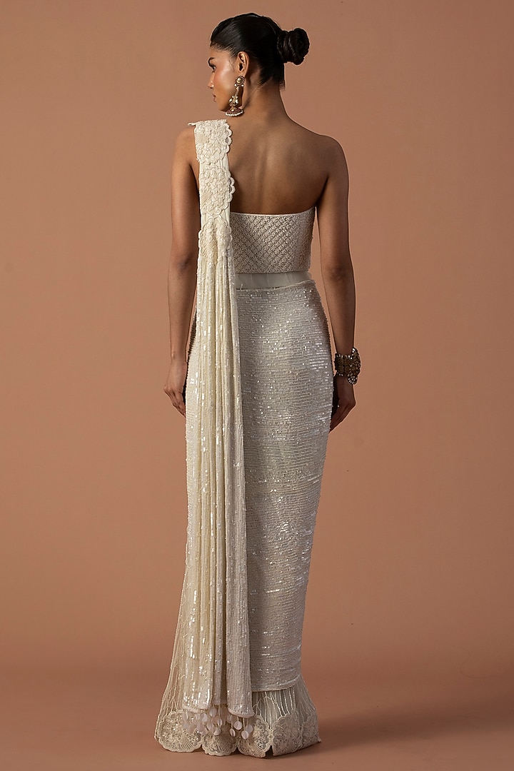 Ivory Georgette Lace Embroidered Pre-Stitched Bridal Saree Set by Esha Sethi Thirani at Pernia's Pop Up Shop