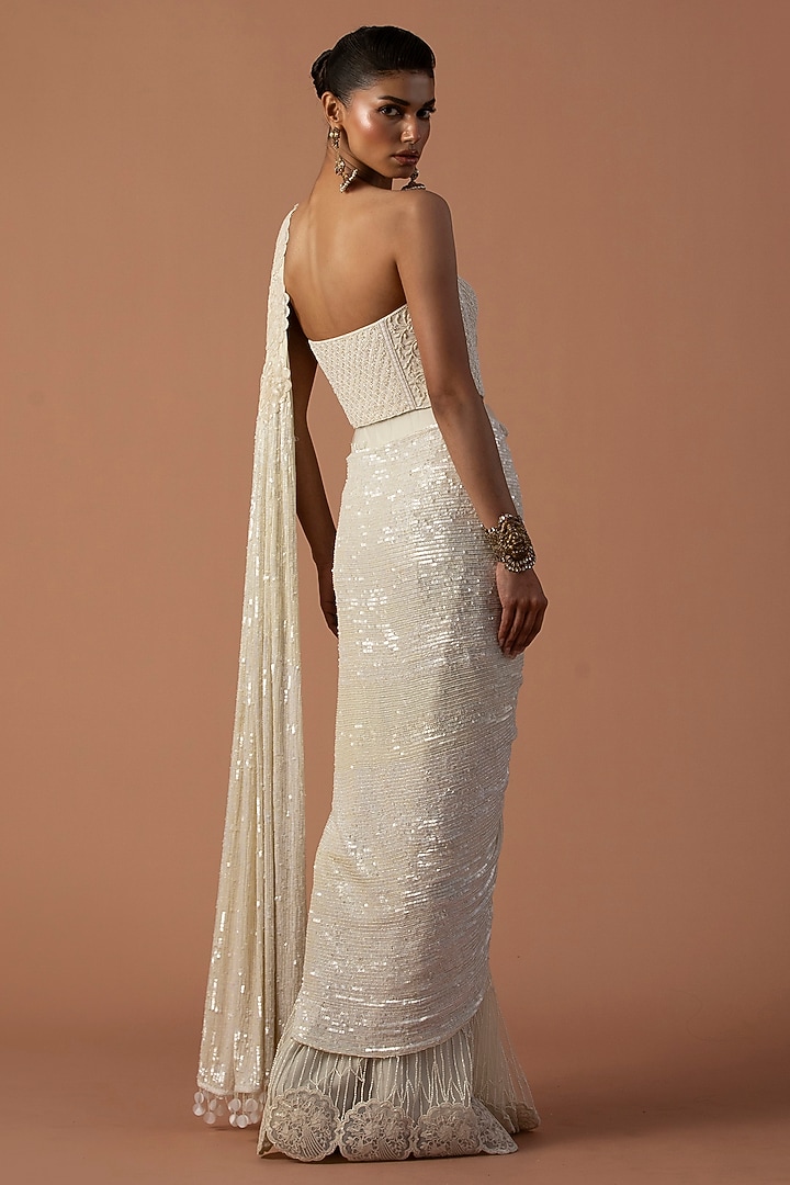 Ivory Georgette Lace Embroidered Pre-Stitched Bridal Saree Set by Esha Sethi Thirani at Pernia's Pop Up Shop