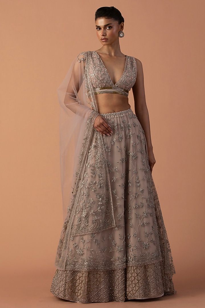Pink Tulle Cutdana Embroidered Layered Bridal Lehenga Set by Esha Sethi Thirani at Pernia's Pop Up Shop