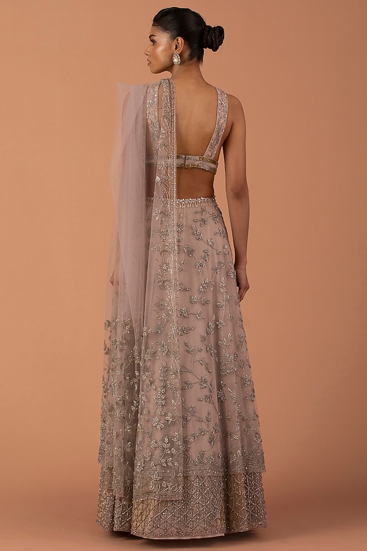 Pink Tulle Cutdana Embroidered Layered Bridal Lehenga Set by Esha Sethi Thirani at Pernia's Pop Up Shop