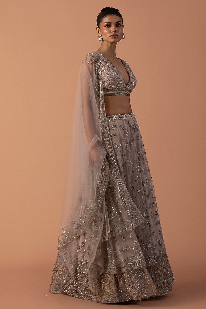Pink Tulle Cutdana Embroidered Layered Bridal Lehenga Set by Esha Sethi Thirani at Pernia's Pop Up Shop