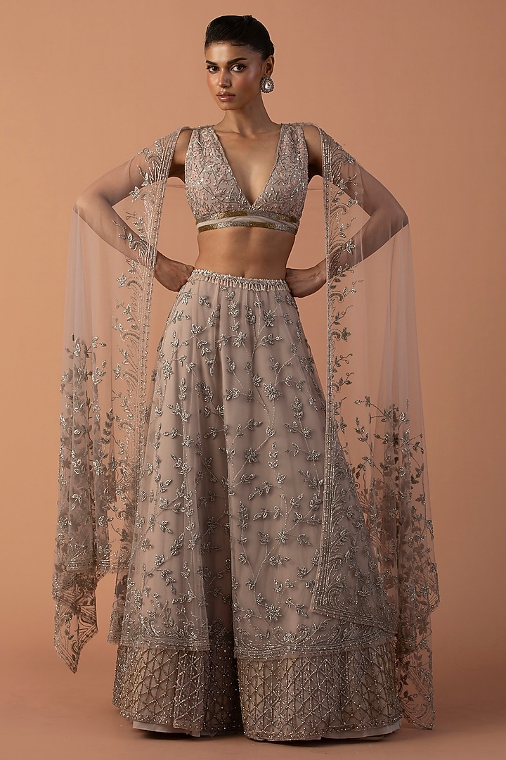 Pink Tulle Cutdana Embroidered Layered Bridal Lehenga Set by Esha Sethi Thirani at Pernia's Pop Up Shop