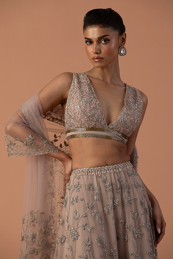 Pink Tulle Cutdana Embroidered Layered Bridal Lehenga Set by Esha Sethi Thirani at Pernia's Pop Up Shop
