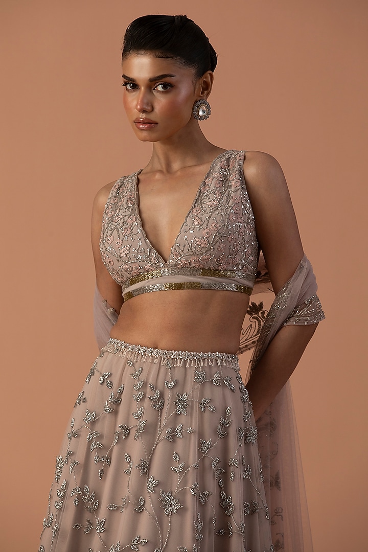 Pink Tulle Cutdana Embroidered Layered Bridal Lehenga Set by Esha Sethi Thirani at Pernia's Pop Up Shop