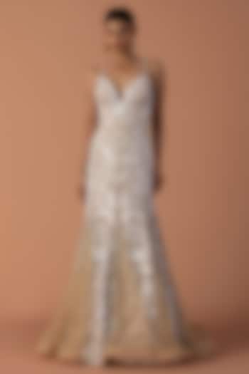 Peach Tulle & Organza Sequins Embroidered Fishtail Bridal Gown by Esha Sethi Thirani at Pernia's Pop Up Shop