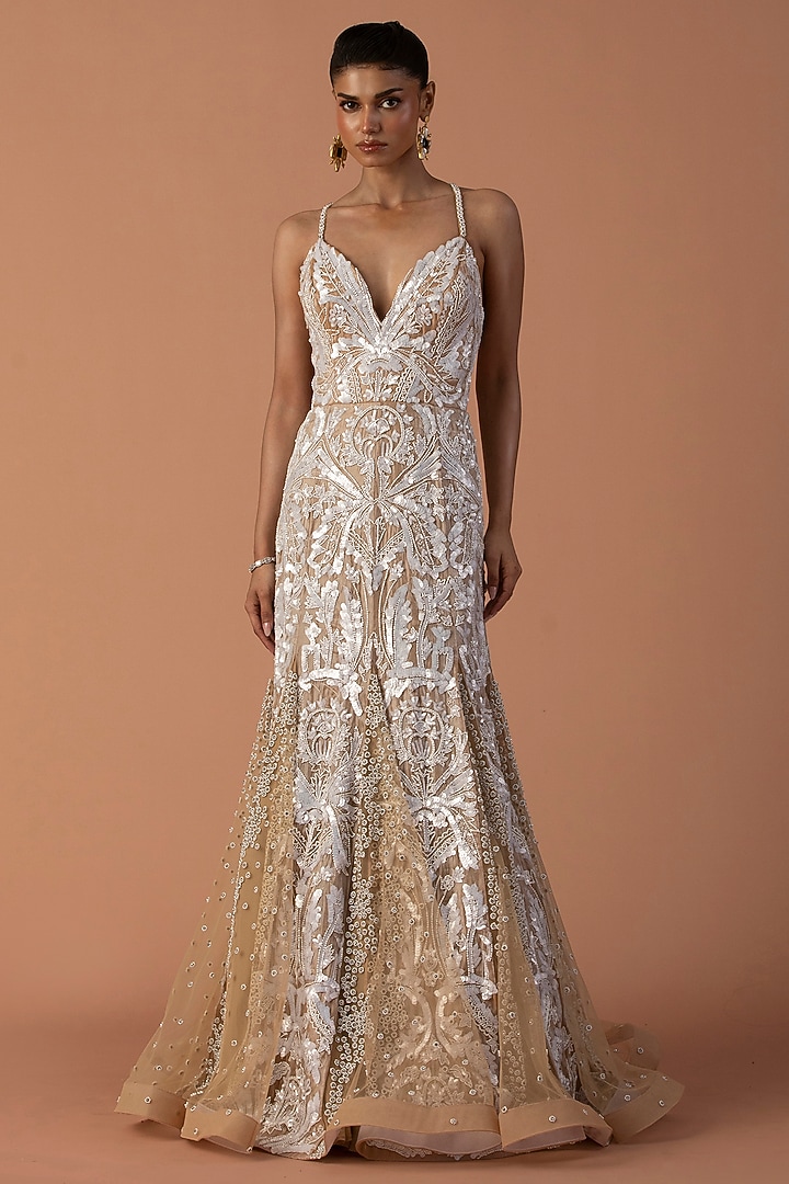 Peach Tulle & Organza Sequins Embroidered Fishtail Bridal Gown by Esha Sethi Thirani at Pernia's Pop Up Shop