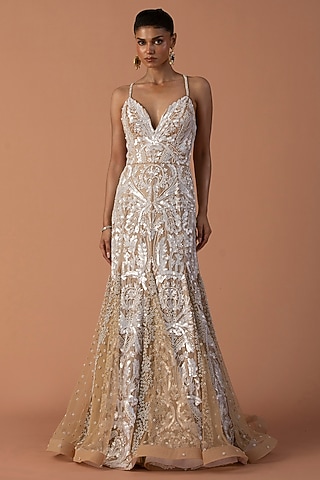 Peach Tulle & Organza Sequins Embroidered Fishtail Gown by Esha Sethi Thirani