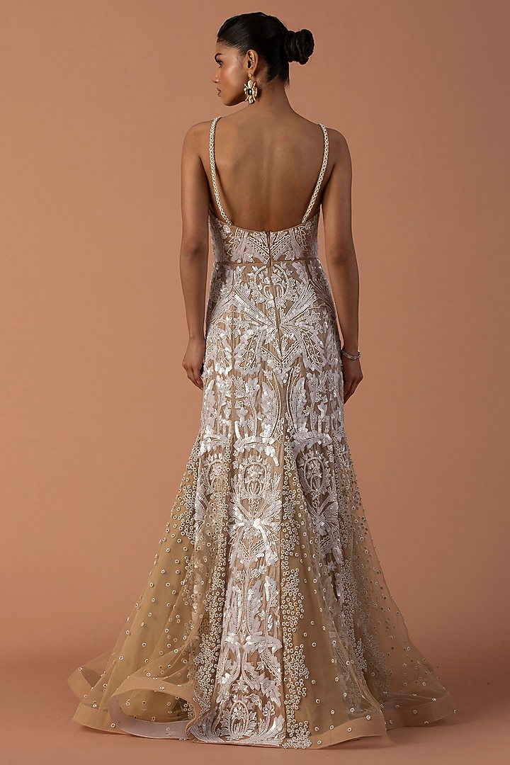 Peach Tulle & Organza Sequins Embroidered Fishtail Bridal Gown by Esha Sethi Thirani at Pernia's Pop Up Shop