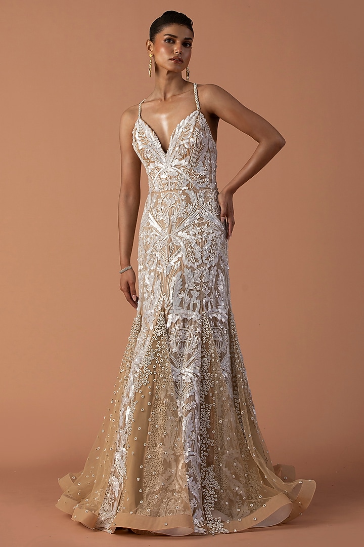 Peach Tulle & Organza Sequins Embroidered Fishtail Bridal Gown by Esha Sethi Thirani at Pernia's Pop Up Shop