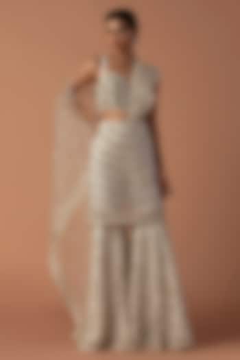 Ivory Tulle Cutdana & Thread Embroidered Sharara Reception Saree Set by Esha Sethi Thirani at Pernia's Pop Up Shop