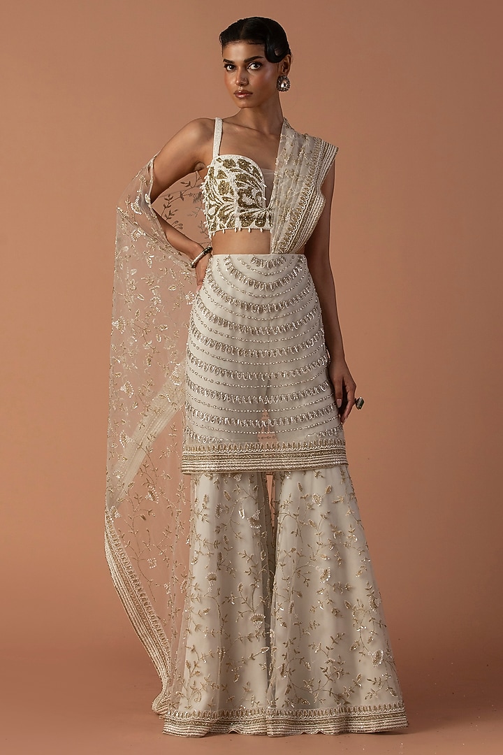 Ivory Tulle Cutdana & Thread Embroidered Sharara Reception Saree Set by Esha Sethi Thirani at Pernia's Pop Up Shop